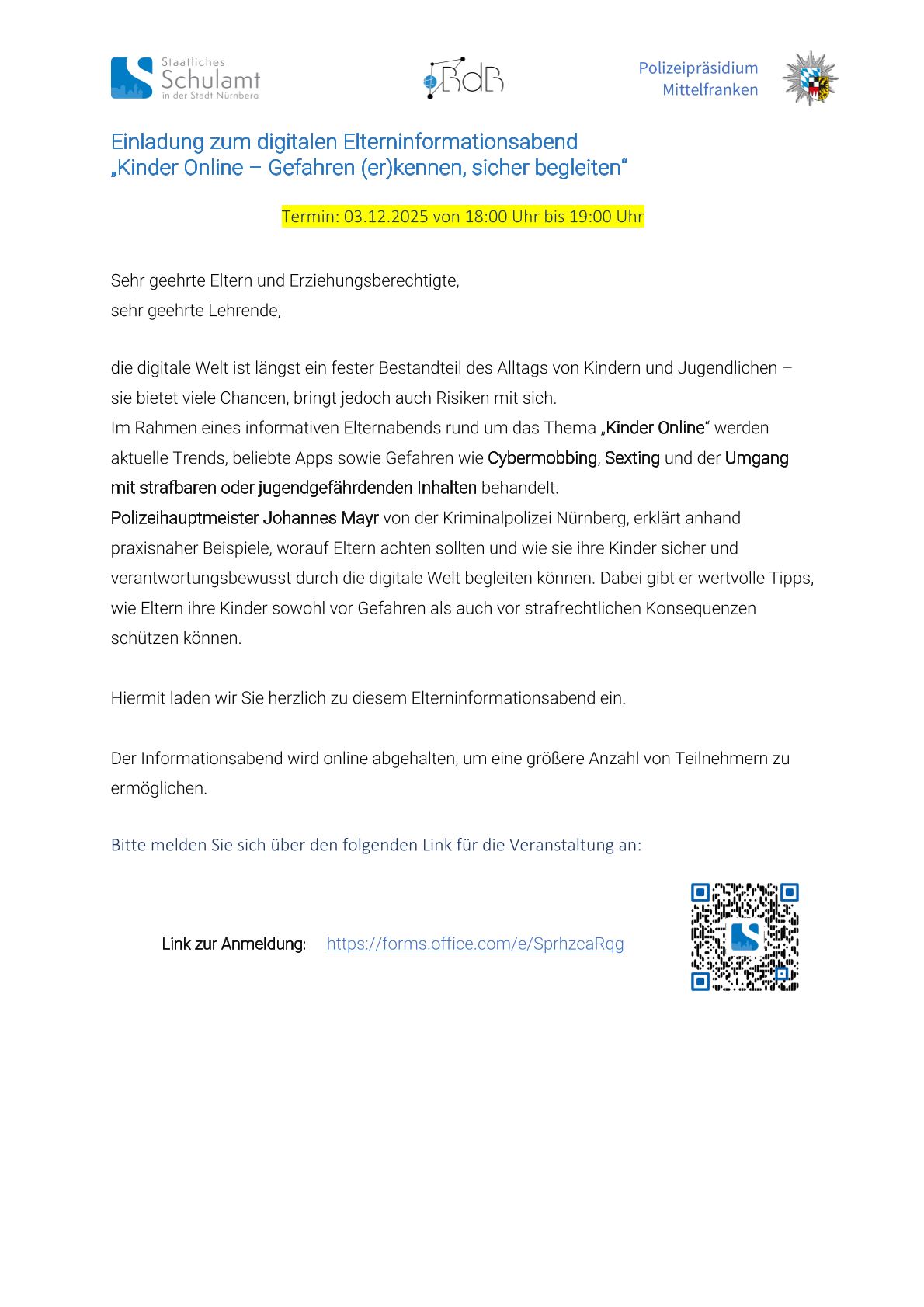 Digitaler Elterninfoabend - &quot;Kinder online&quot;